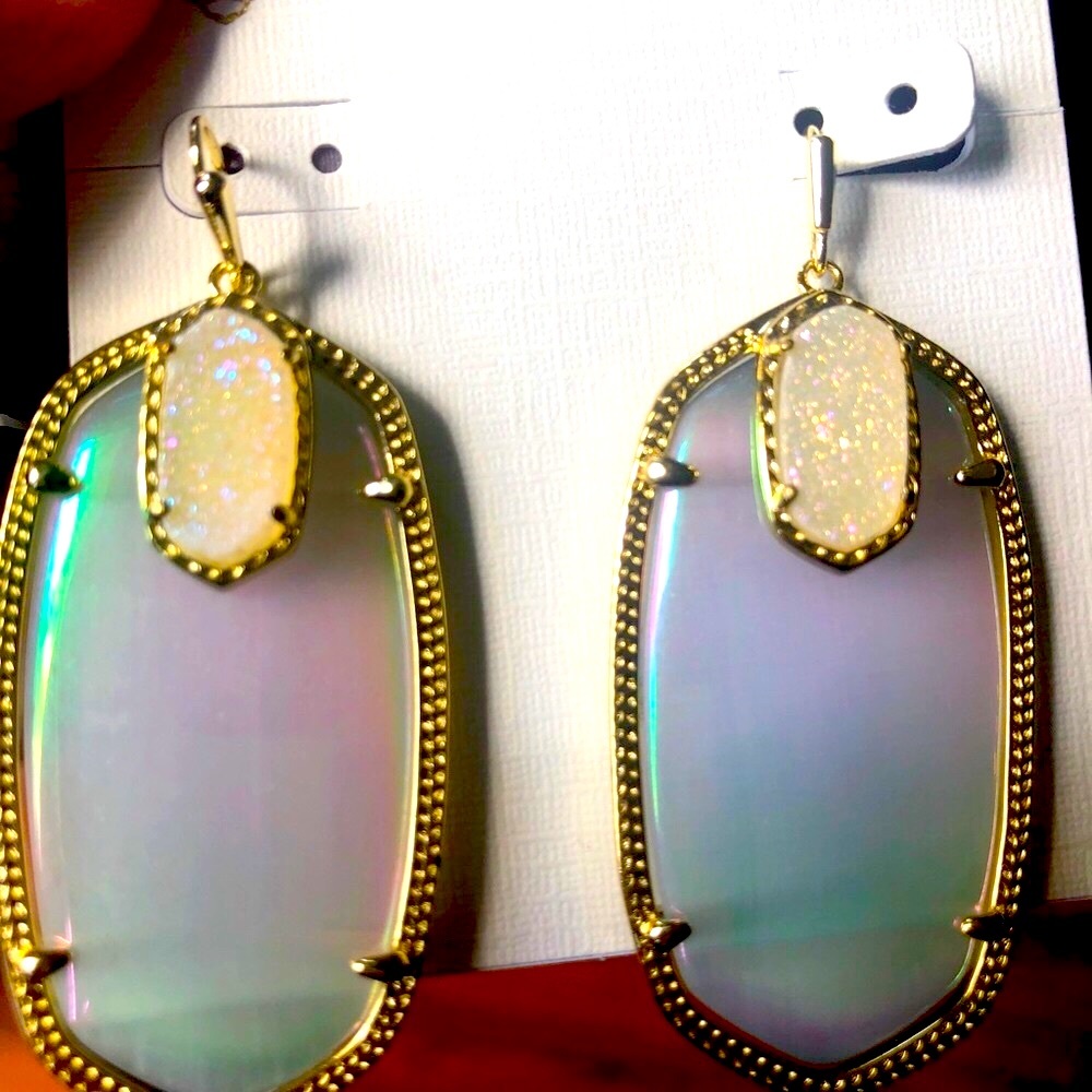 Kendra Scott RARE & RETIRED Darcy Earrings Iridescent & Iridescent Drusy GORG! - Picture 3 of 14